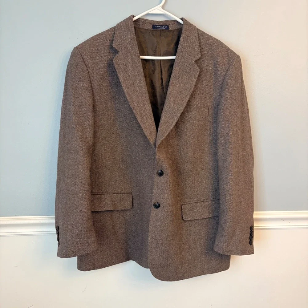 Adolfo Mens 44 Short Brown Herringbone 100% Lambswool Blazer Sport Coat Jacket